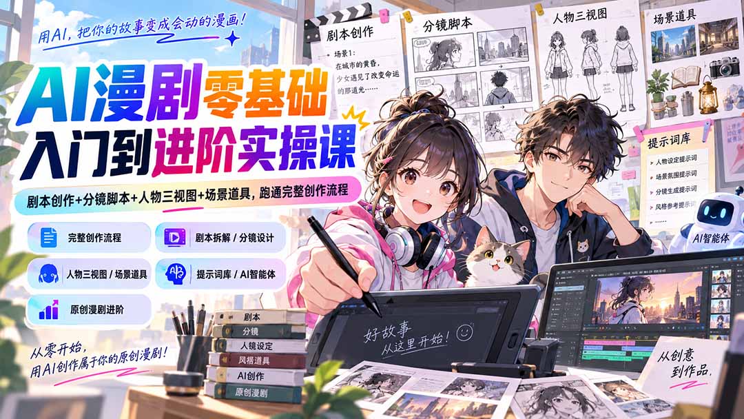 AI漫剧零基础入门到进阶实操课：剧本创作+分镜脚本+人物三视图+场景道具，跑通完整创作流程-资源宝库