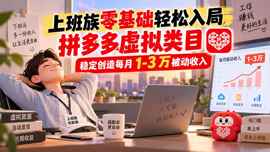 上班族零基础轻松入局，拼多多虚拟类目，稳定创造每月 1-3 万被动收入-资源宝库
