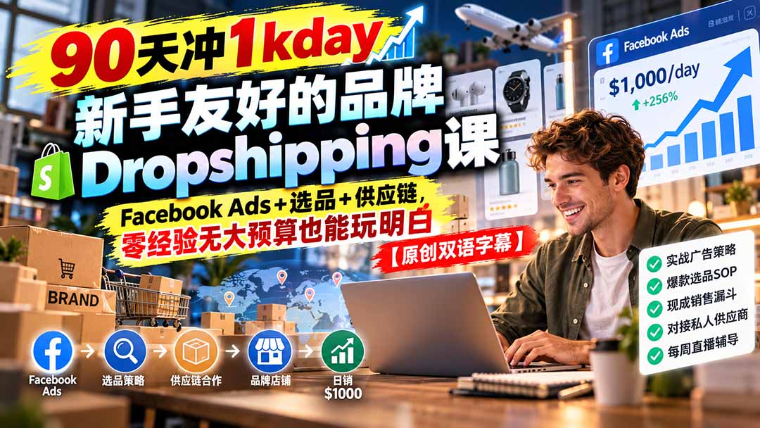 90天冲1kday 新手友好的品牌Dropshipping课：Facebook Ads+选品+供应链，零经验无大预算也能玩明白【原创双语字幕】-资源宝库