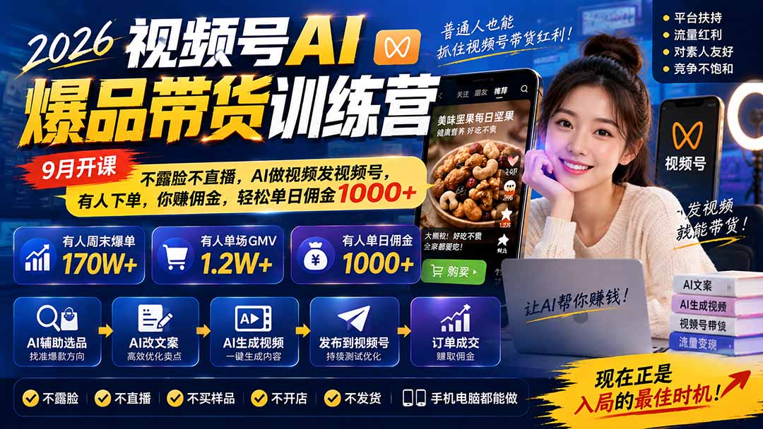 2026视频号AI爆品带货训练营-9月开课｜不露脸不直播，AI做视频发视频号，有人下单，你赚佣金，轻松单日佣金1000+-资源宝库