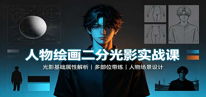 人物绘画二分光影实战课：光影基础属性解析，多部位带练，人物场景设计-资源宝库