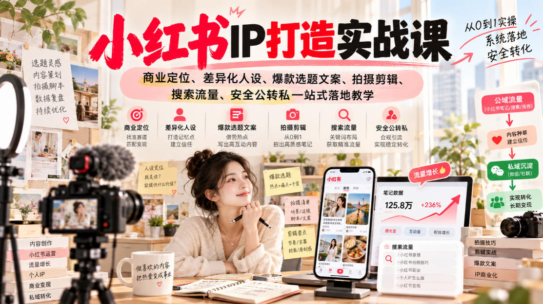 小红书ip打造实战课，商业定位、差异化人设、爆款选题文案、拍摄剪辑、搜索流量、安全公转私一站式落地教学-资源宝库