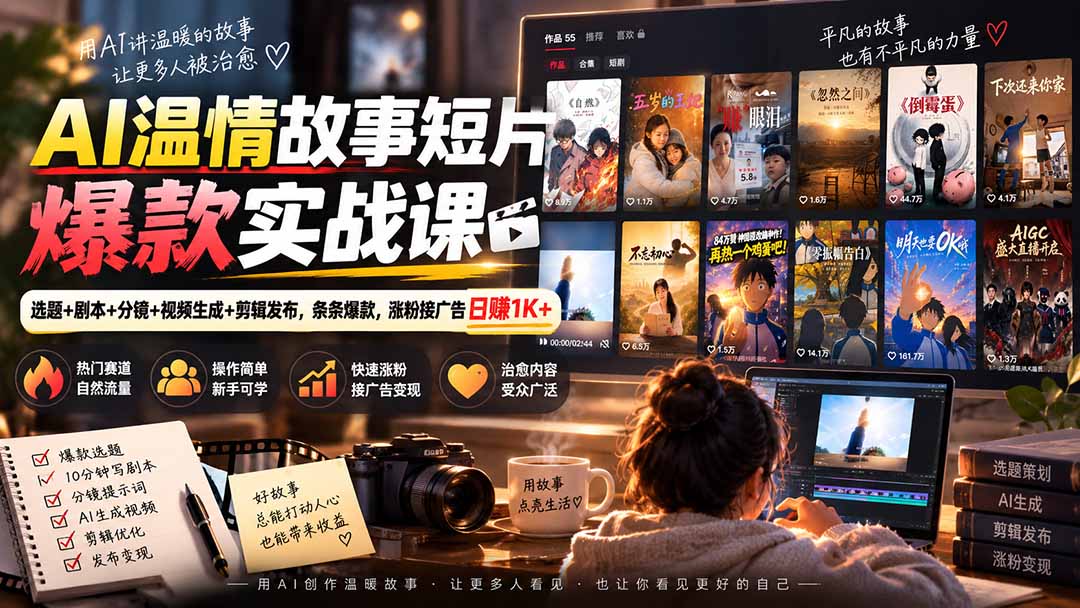 AI温情故事短片爆款实战课-更新｜选题+剧本+分镜+视频生成+剪辑发布，条条爆款，涨粉接广告日赚1K+-资源宝库