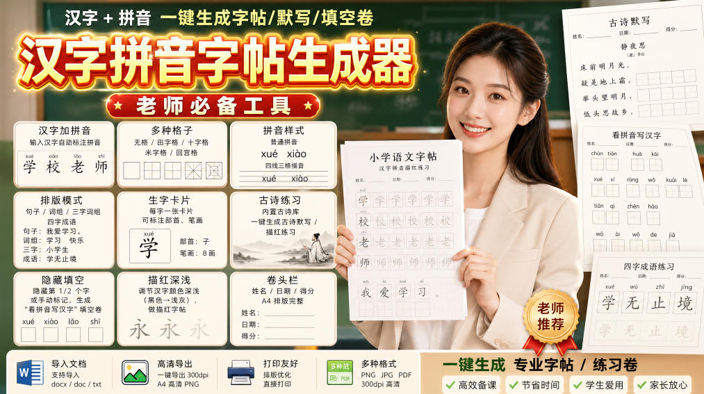 学习神器，汉字拼音字帖生成器，汉字+拼音 一键生成字帖/默写/填空卷，支持词组、成语，老师、家长必备-资源宝库