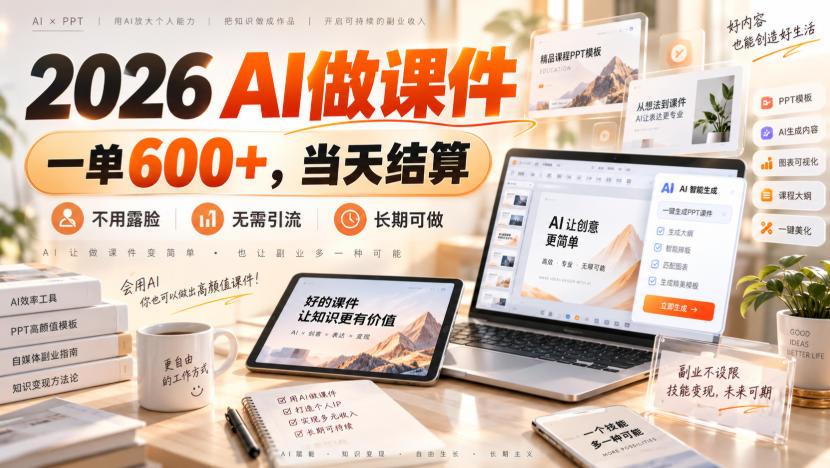 2026 AI做课件，一单600+，当天结算，不用露脸，无需引流，长期可做【揭秘】-资源宝库