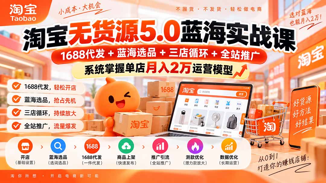 淘宝无货源5.0蓝海实战课-更新：1688代发+蓝海选品+三店循环+全站推广，系统掌握单店月入2万运营模型-资源宝库