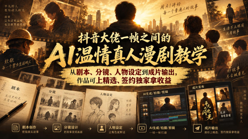 抖音大佬一帧之间的AI温情真人漫剧教学，从剧本、分镜、人物设定到成片输出，作品可上精选、签约独家拿收益-资源宝库