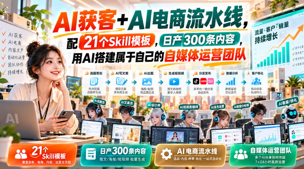 AI获客+AI电商流水线，配21个Skill模板，日产300条内容，用AI搭建属于自己的自媒体运营团队-资源宝库