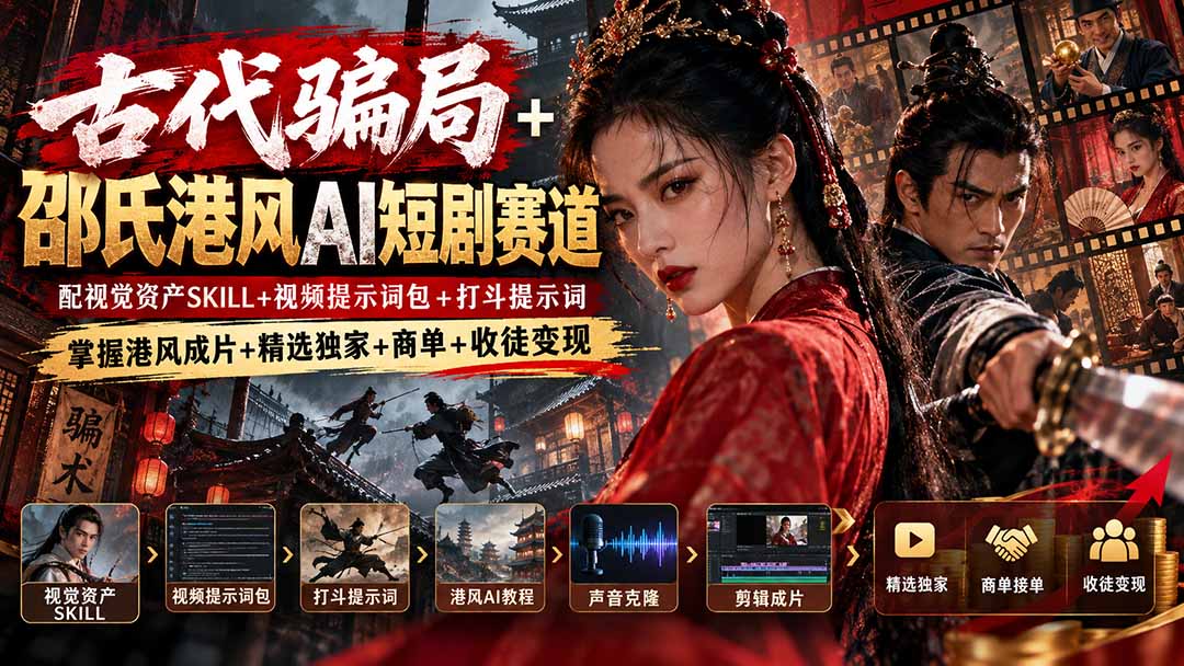 古代骗局+邵氏港风AI短剧赛道：配视觉资产SKILL+视频提示词包+打斗提示词，掌握港风成片+精选独家+商单+收徒变现-资源宝库