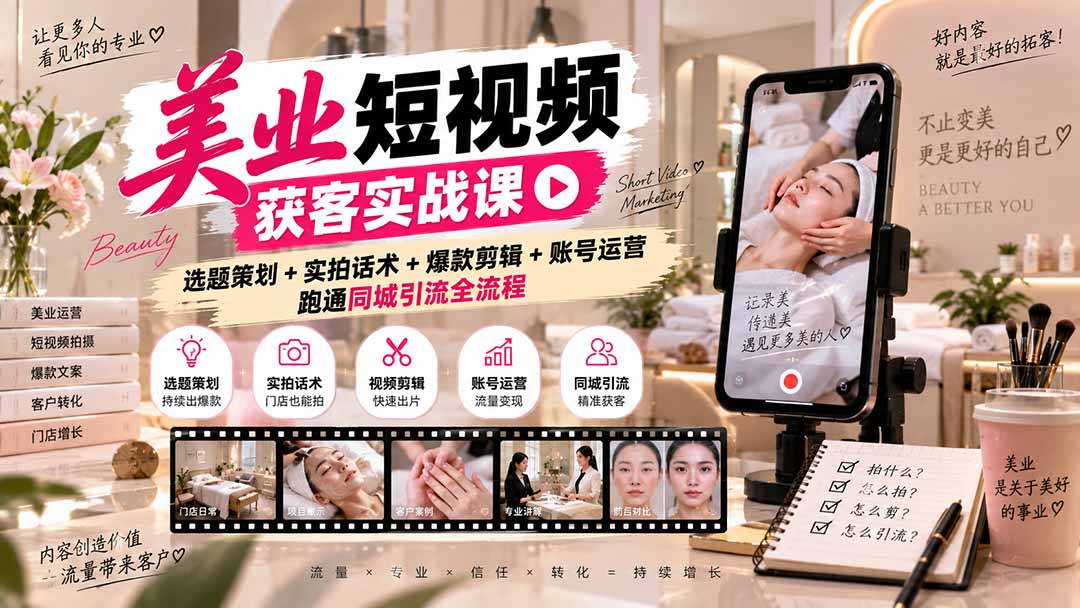 美业短视频获客实战课-无水印：选题策划+实拍话术+爆款剪辑+账号运营，跑通同城引流全流程-资源宝库
