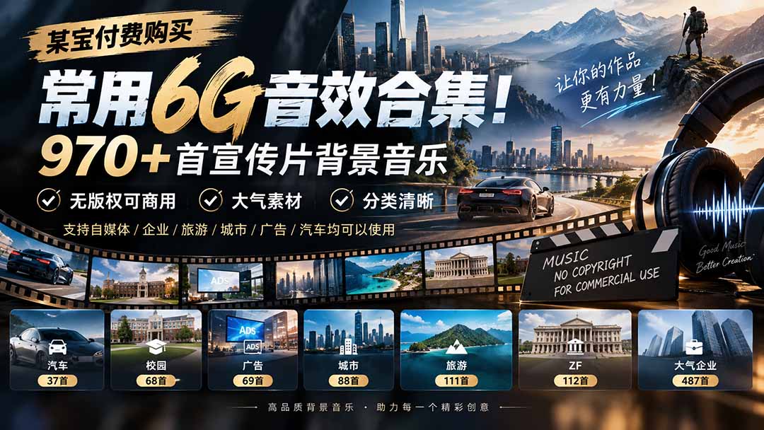 某宝付费购买，常用6G音效合集！970+首宣传片背景音乐，无版权可商用大气素材，分类清晰-资源宝库
