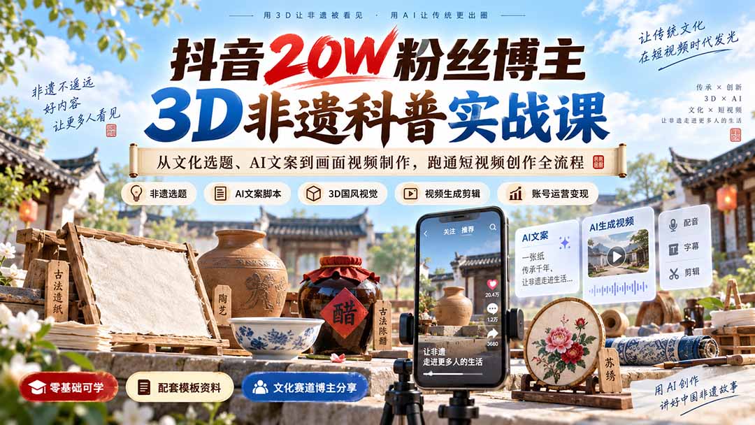 抖音20W粉丝博主3D非遗科普实战课：从文化选题、AI文案到画面视频制作，跑通短视频创作全流程-资源宝库