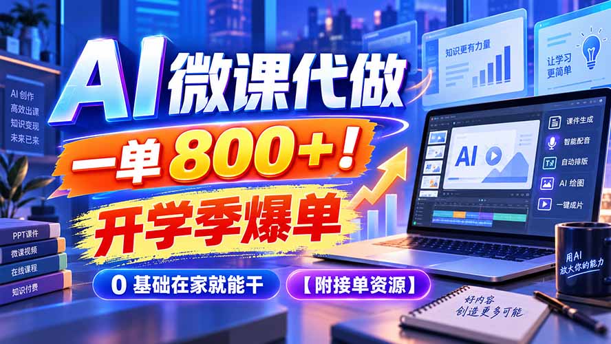 AI 微课代做，一单 800+！开学季爆单，0 基础在家就能干【附接单资源】-资源宝库