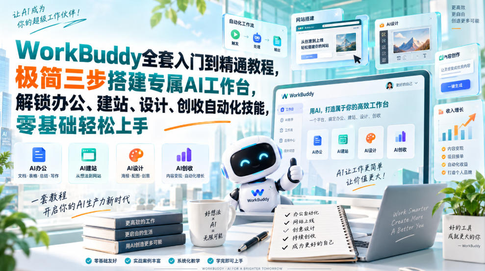 WorkBuddy全套入门到精通教程，极简三步搭建专属AI工作台，解锁办公、建站、设计、创收自动化技能，零基础轻松上手-资源宝库