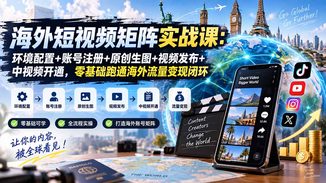 海外短视频矩阵实战课：环境配置+账号注册+原创生图+视频发布+中视频开通，零基础跑通海外流量变现闭环-资源宝库