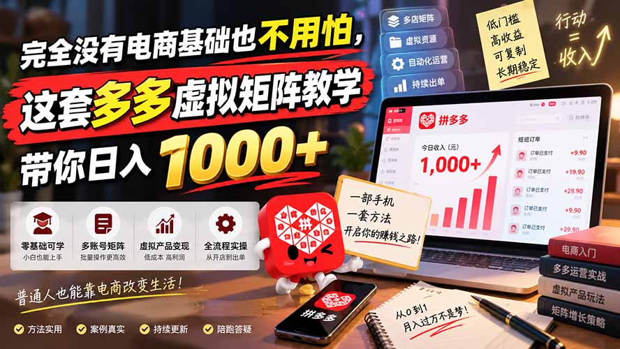 完全没有电商基础也不用怕，这套多多虚拟矩阵教学带你日入 1000+-资源宝库