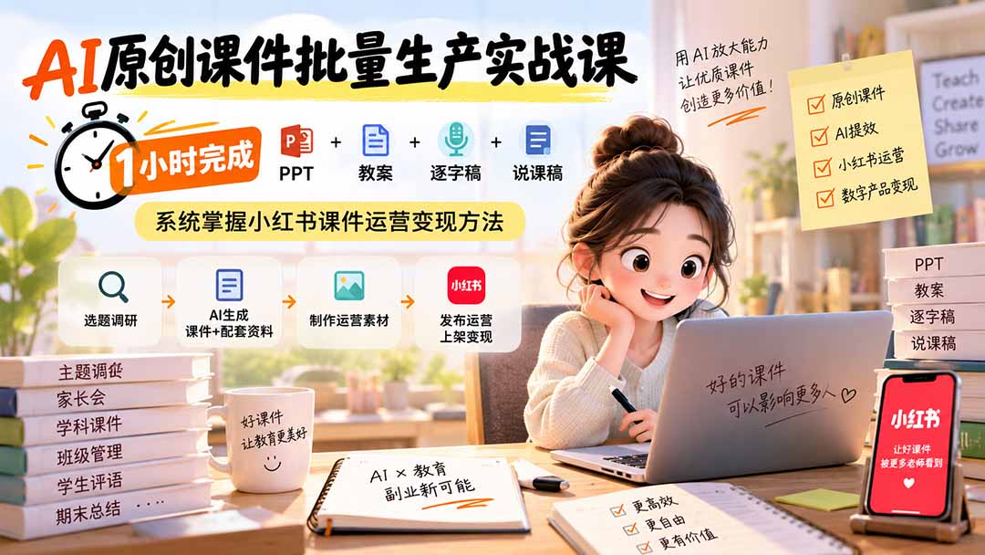 AI原创课件批量生产实战课：1小时完成PPT+教案+逐字稿+说课稿，系统掌握小红书课件运营变现方法-资源宝库