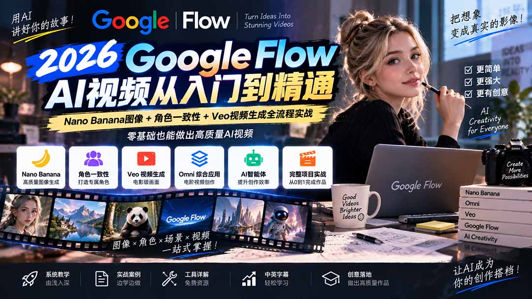 【无水印】Google Flow AI视频从入门到精通：Nano Banana图像+角色一致性+Veo视频生成全流程实战-精翻中英字幕-资源宝库