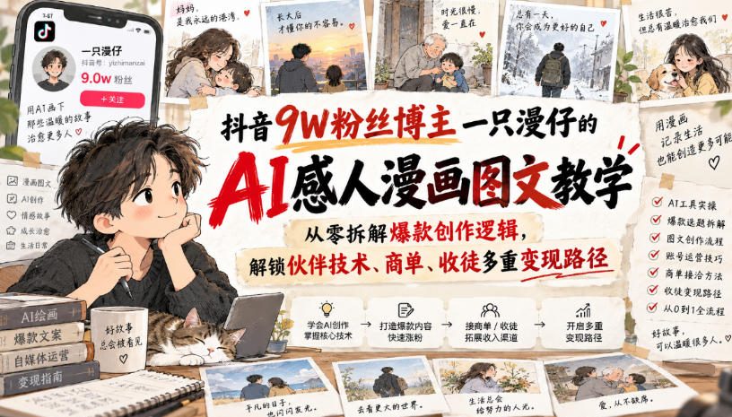 抖音9W粉丝博主一只漫仔的AI感人漫画图文教学，从零拆解爆款创作逻辑，解锁伙伴技术、商单、收徒多重变现路径-资源宝库