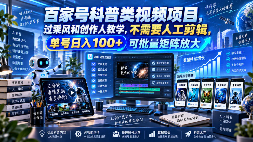 百家号科普类视频项目，过乘风和创作人教学，不需要人工剪辑，单号日入100+可批量矩阵放大-资源宝库