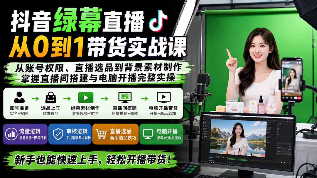 抖音绿幕直播从0到1带货实战课：从账号权限、直播选品到背景素材制作，掌握直播间搭建与电脑开播完整实操-资源宝库