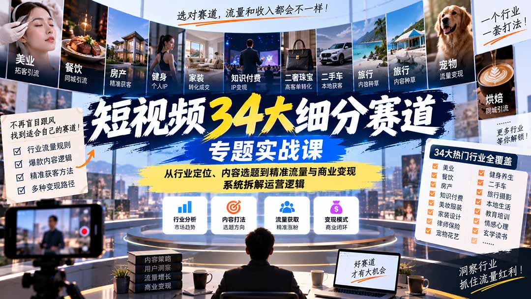 短视频34大细分赛道专题实战课：从行业定位、内容选题到精准流量与商业变现，系统拆解运营逻辑-资源宝库