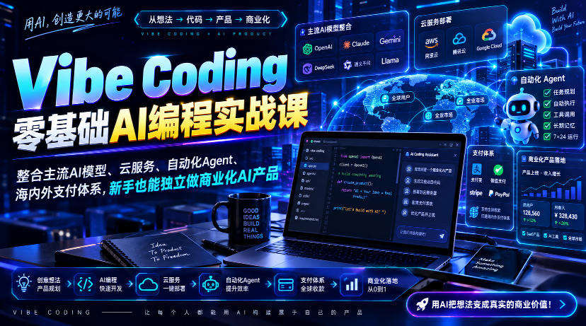 Vibe Coding零基础AI编程实战课-无水印，整合主流AI模型、云服务、自动化Agent、海内外支付体系，新手也能独立做商业化AI产品-资源宝库