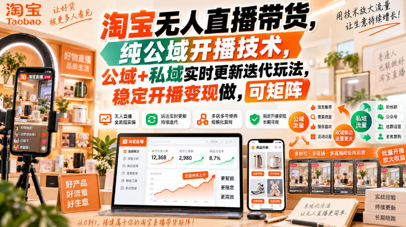 淘宝无人直播带货，纯公域开播技术，公域+私域实时更新迭代玩法，稳定开播变现做，可矩阵【揭秘】-资源宝库