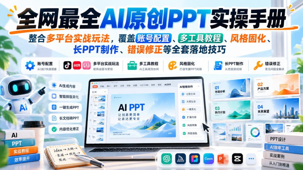 全网最全AI原创PPT实操手册，整合多平台实战玩法，覆盖账号配置、多工具教程、风格固化、长PPT制作、错误修正等全套落地技巧-资源宝库