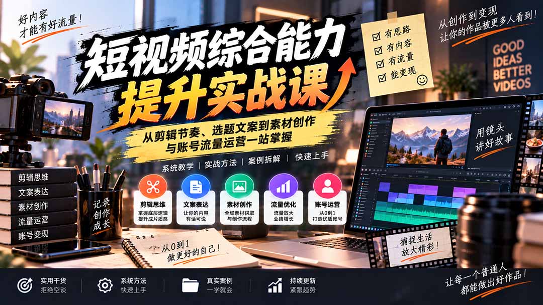 短视频综合能力提升实战课：从剪辑节奏、选题文案到素材创作与账号流量运营一站掌握-资源宝库