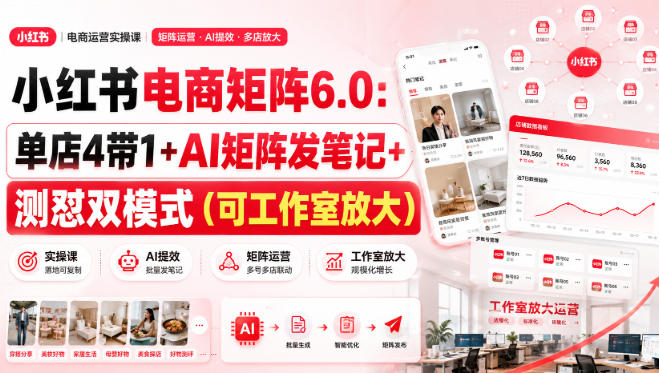 小红书电商矩阵6.0：单店4带1+AI矩阵发笔记+测怼双模式(可工作室放大)-资源宝库