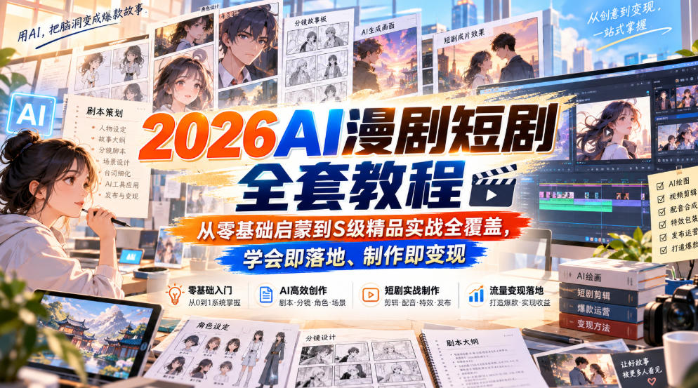 2026AI漫剧短剧全套教程，从零基础启蒙到S级精品实战全覆盖，学会即落地、制作即变现-资源宝库
