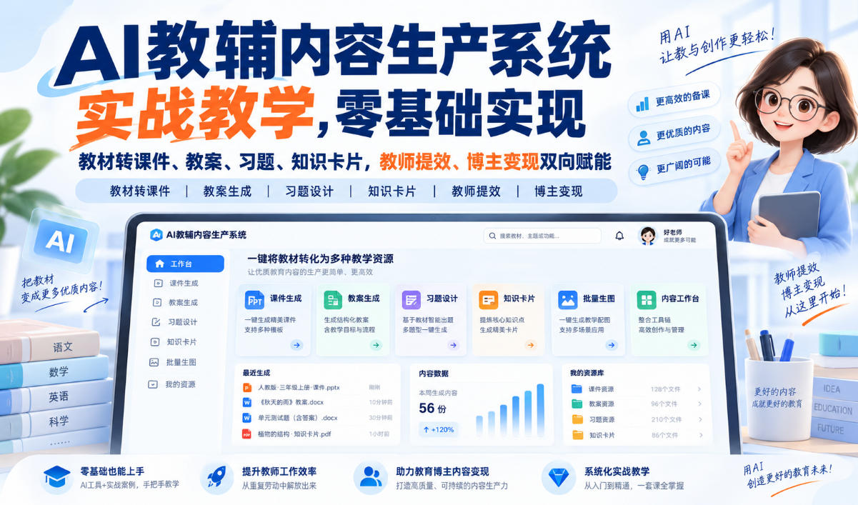 AI教辅内容生产系统实战教学，零基础实现教材转课件、教案、习题、知识卡片，教师提效、博主变现双向赋能-资源宝库