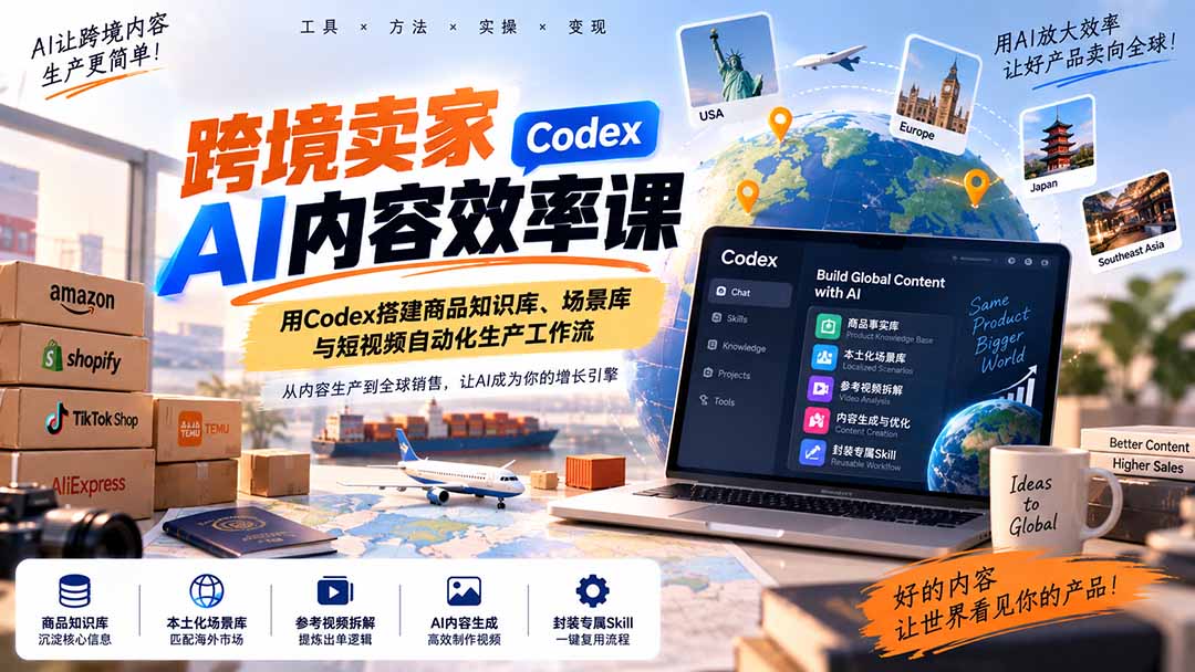 跨境卖家AI内容效率课：用Codex搭建商品知识库、场景库与短视频自动化生产工作流-资源宝库