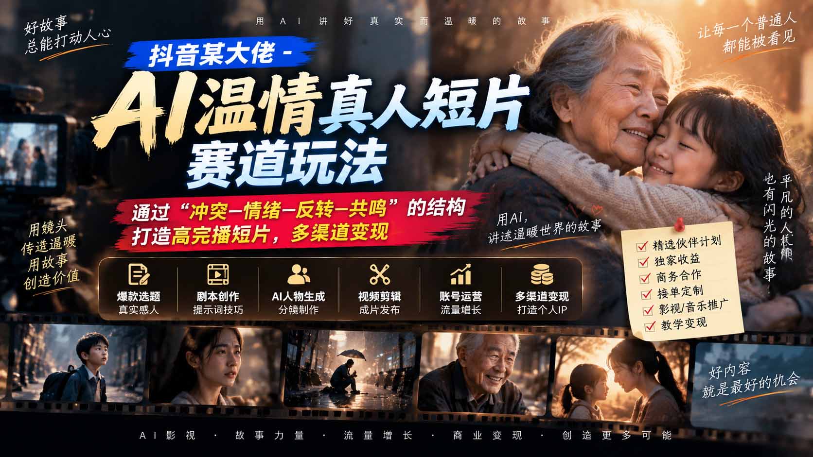 抖音某大佬-AI温情真人短片赛道玩法：通过“冲突—情绪—反转—共鸣”的结构打造高完播短片，多渠道变现-资源宝库