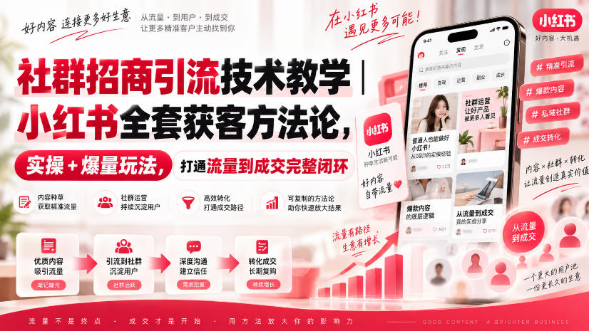 社群招商引流技术教学｜小红书全套获客方法论，实操+爆量玩法，打通流量到成交完整闭环-资源宝库