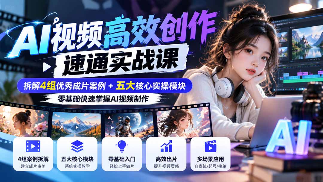 【无水印】AI视频高效创作速通实战课：拆解4组优秀成片案例+五大核心实操模块，零基础快速掌握AI视频制作-资源宝库