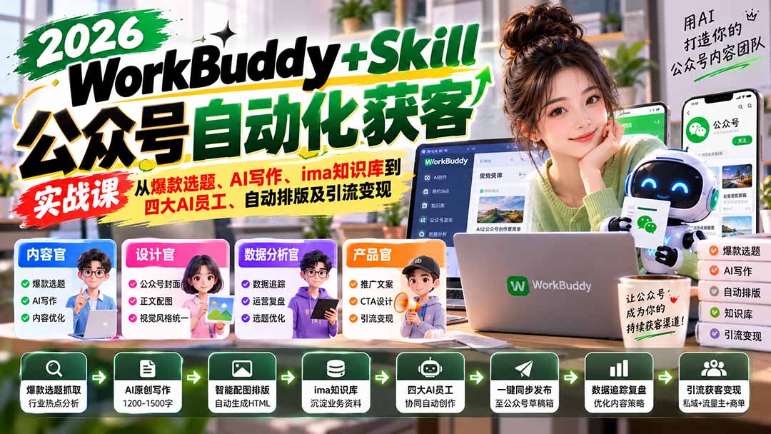 WorkBuddy + Skill公众号自动化获客实战课：从爆款选题、AI写作、ima知识库到四大AI员工、自动排版及引流变现-资源宝库