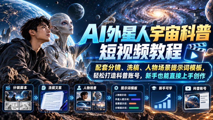 AI外星人宇宙科普短视频教程，配套分镜、洗稿、人物场景提示词模板，轻松打造科普账号，新手也能直接上手创作-资源宝库