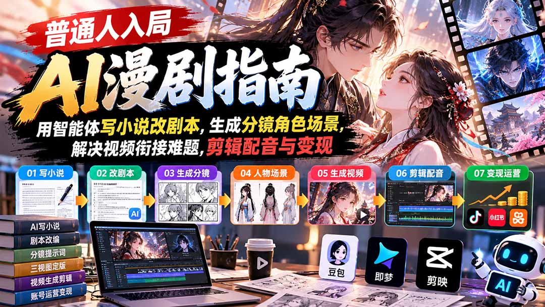 【无水印】普通人入局AI漫剧指南：用智能体写小说改剧本，生成分镜角色场景，解决视频衔接难题，剪辑配音与变现-资源宝库