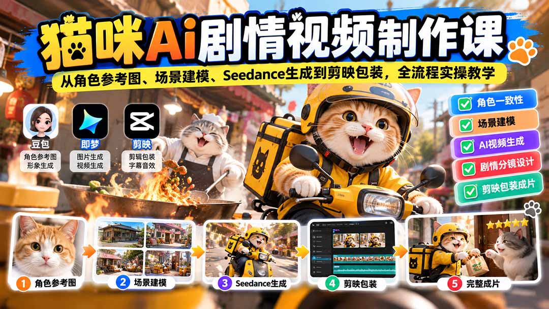 猫咪AI剧情视频制作课：从角色参考图、场景建模、Seedance生成到剪映包装，全流程实操教学-资源宝库