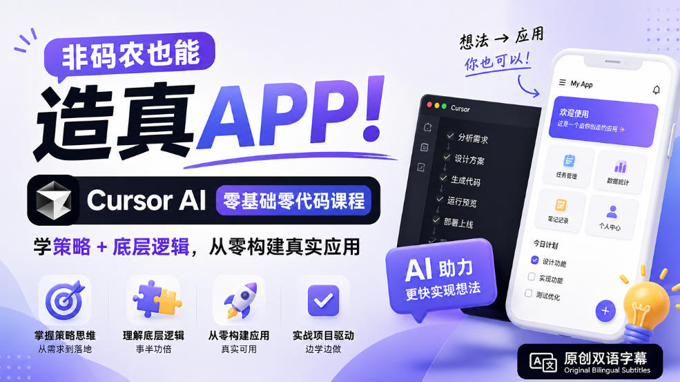 非码农也能造真APP！Cursor AI零基础零代码课程：学策略+底层逻辑，从零构建真实应用【原创双语字幕】-资源宝库