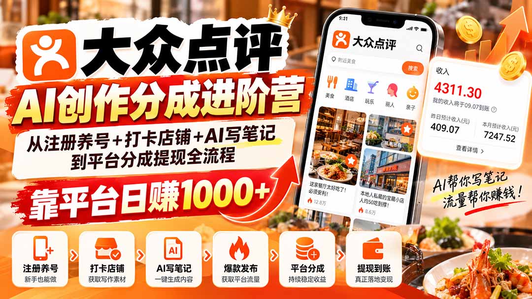 大众点评AI创作分成进阶营：从注册养号+打卡店铺+AI写笔记到平台分成提现全流程，靠平台日赚1000+-资源宝库