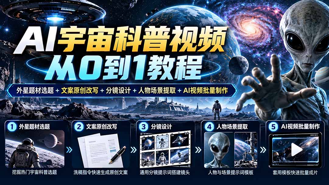 AI宇宙科普视频从0到1教程｜外星题材选题+文案原创改写+分镜设计+人物场景提取+AI视频批量制作-资源宝库