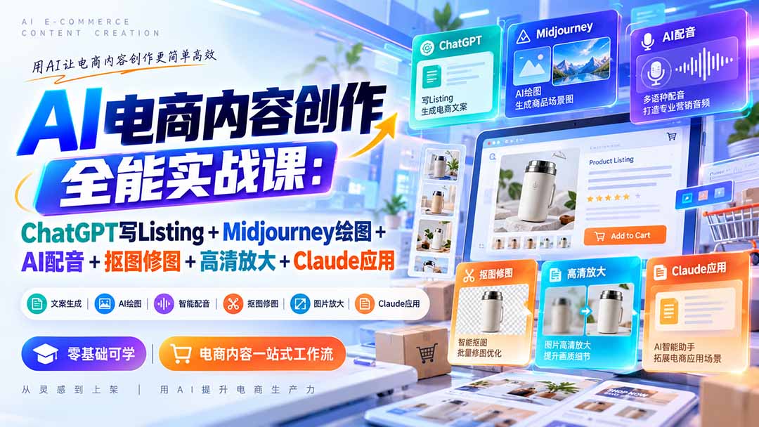 【无水印】AI电商内容创作全能实战课：ChatGPT写Listing+Midjourney绘图+AI配音+抠图修图+高清放大+Claude应用-资源宝库