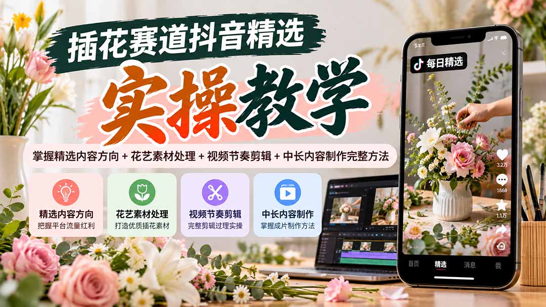 插花赛道抖音精选实操教学：掌握精选内容方向+花艺素材处理+视频节奏剪辑+中长内容制作完整方法-资源宝库