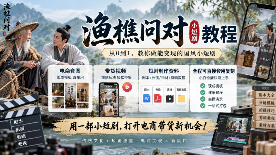 渔樵问对小短剧教程，包含电商套图、带货视频，短剧制作资料，全程可直接套用复刻-资源宝库