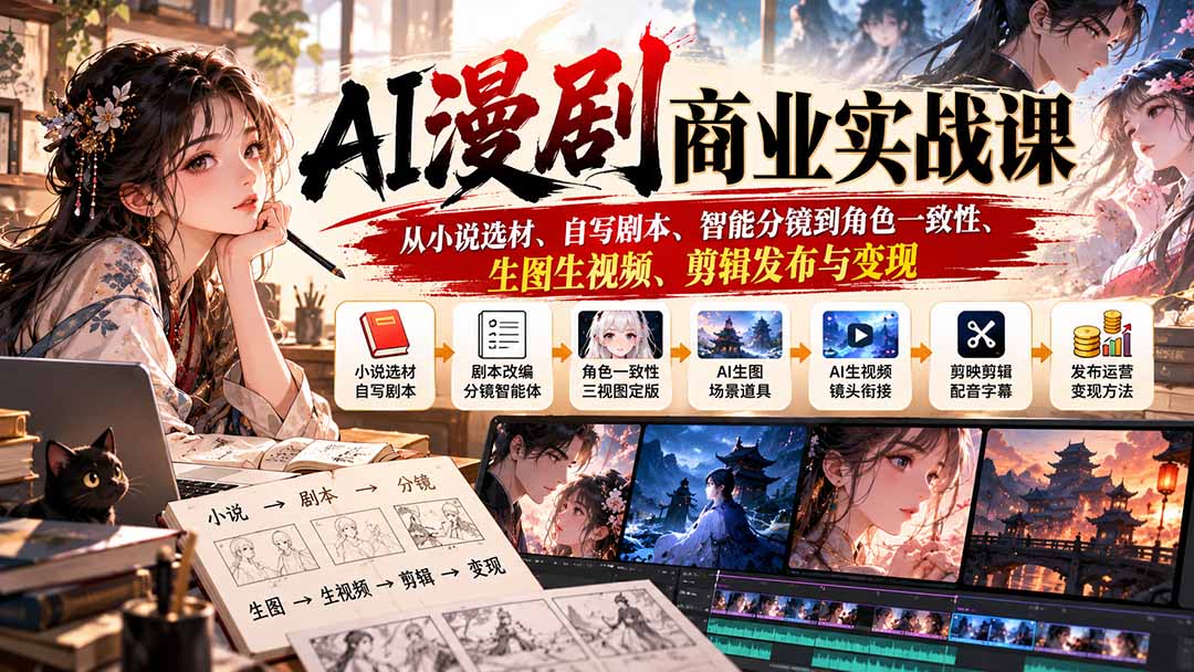 AI漫剧商业实战课：从小说选材、自写剧本、智能分镜到角色一致性、生图生视频、剪辑发布与变现-资源宝库