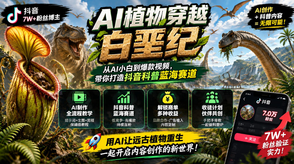 抖音7W粉丝博主的AI植物穿越白垩纪教学，抖音科普蓝海赛道，解锁商单收徒伙伴计划等多种收益-资源宝库
