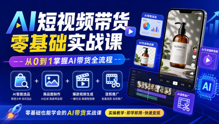 AI短视频带货零基础实战课｜AI智能选品+商品图制作+爆款视频生成+混剪推广，从0到1掌握AI带货全流程-资源宝库